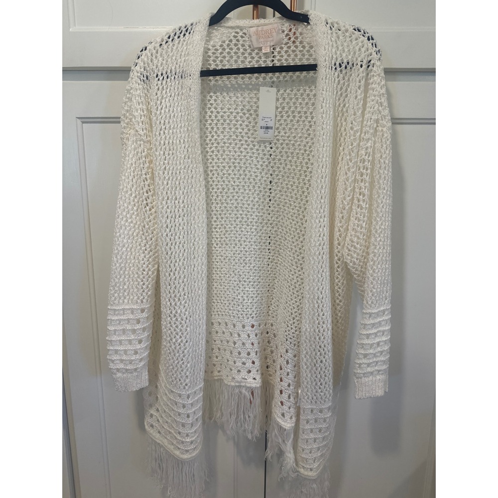 Audrey Parks Francesca's Ivory Open Knit Crochet Fringe Cardigan Sweater M boho